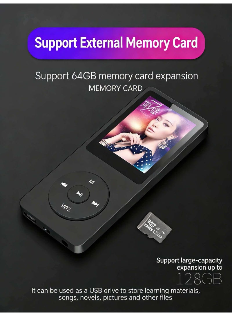 مشغل MP3 بلوتوث، سعة تخزين 128 جيجابايت، شاشة 1.8 بوصة، مكبر صوت مدمج، دعم راديو FM، تسجيل صوتي، متوافق مع الكتب الإلكترونية. مصمم للرياضة والجري، مشغل وسائط محمول (أسود) - Image 4